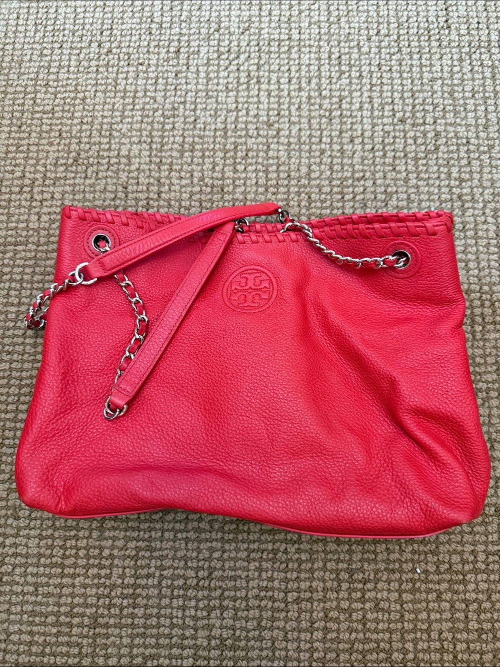 Tory Burch Coral-Red Pebbled Leather Chain Shoulder Bag